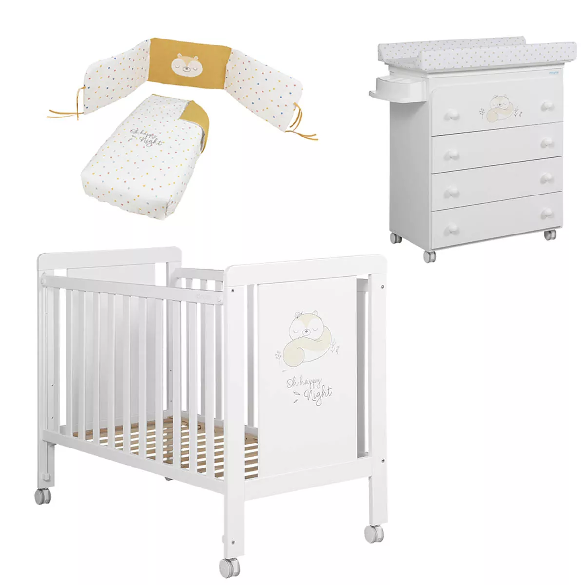 Micuna Pack Happy con Cuna, Bañera, Nordico y Protector Blanco